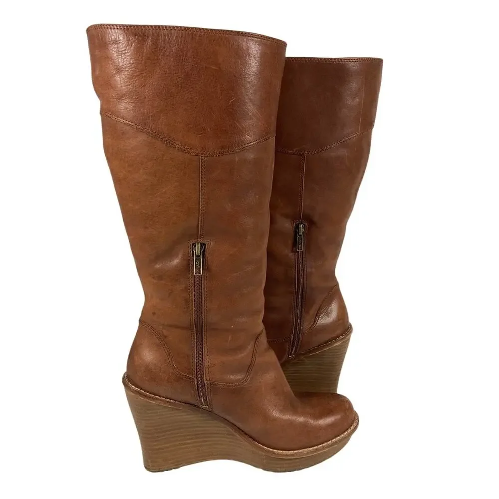 Ugg Wedge Boots Brown Leather Sheepskin Lining Women's Size 9.5